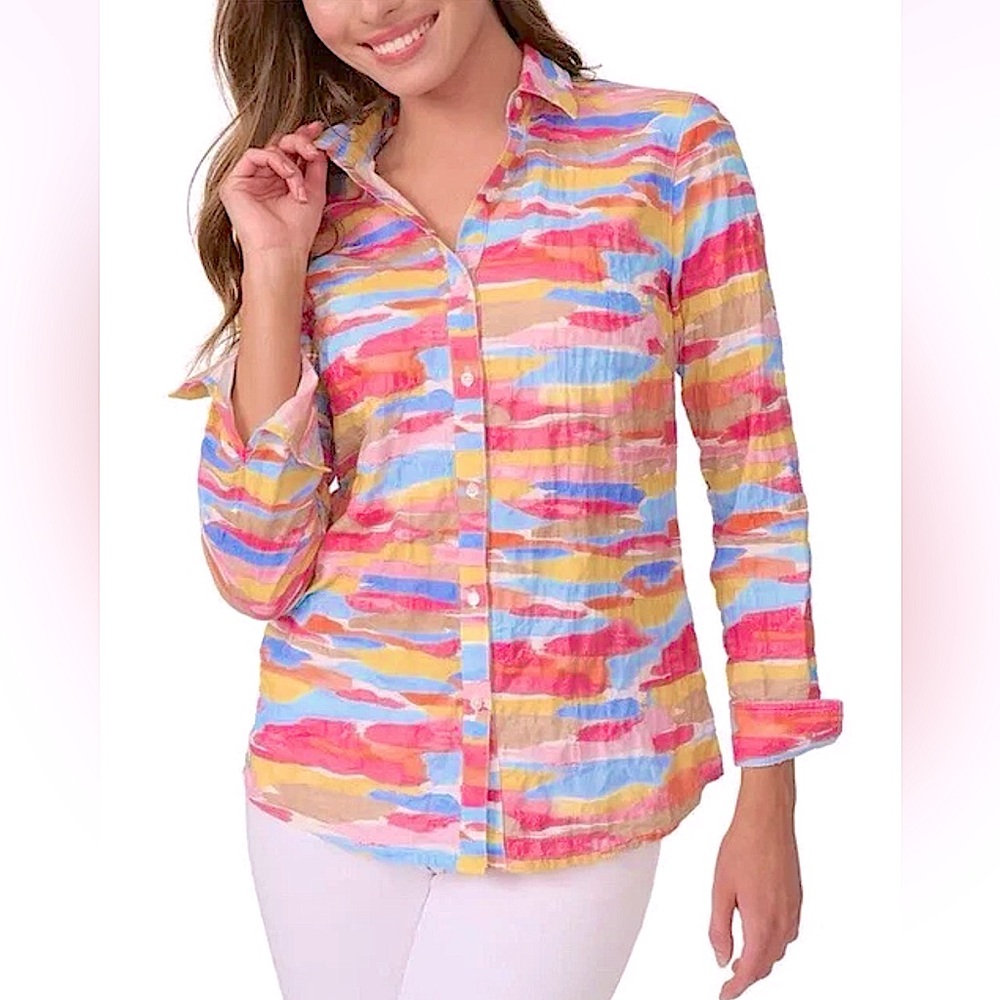 J McLaughlin Lois Button Up Shirt Pink Colorful Tropical Watercolor Cotton Small